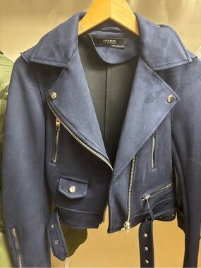 Zara Navy Suede Biker Jacket with Zip & Belt